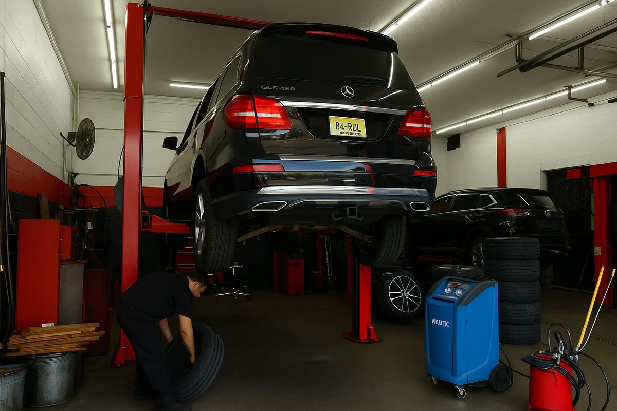 Two-post lift inside Euro Auto Mall's repair bay